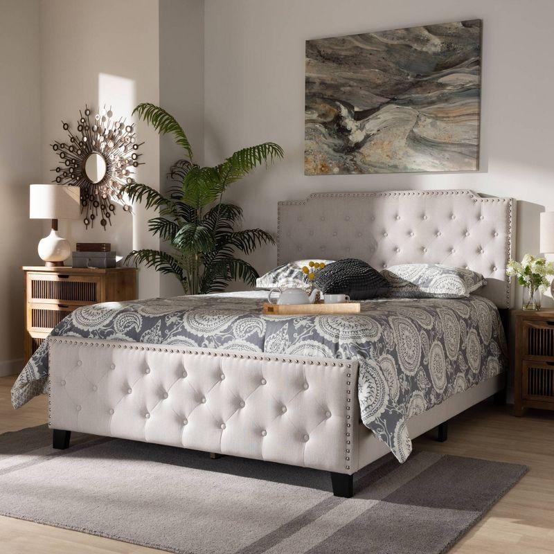 Elegant Beige Linen King Bed with Tufted Headboard and Nailhead Trim