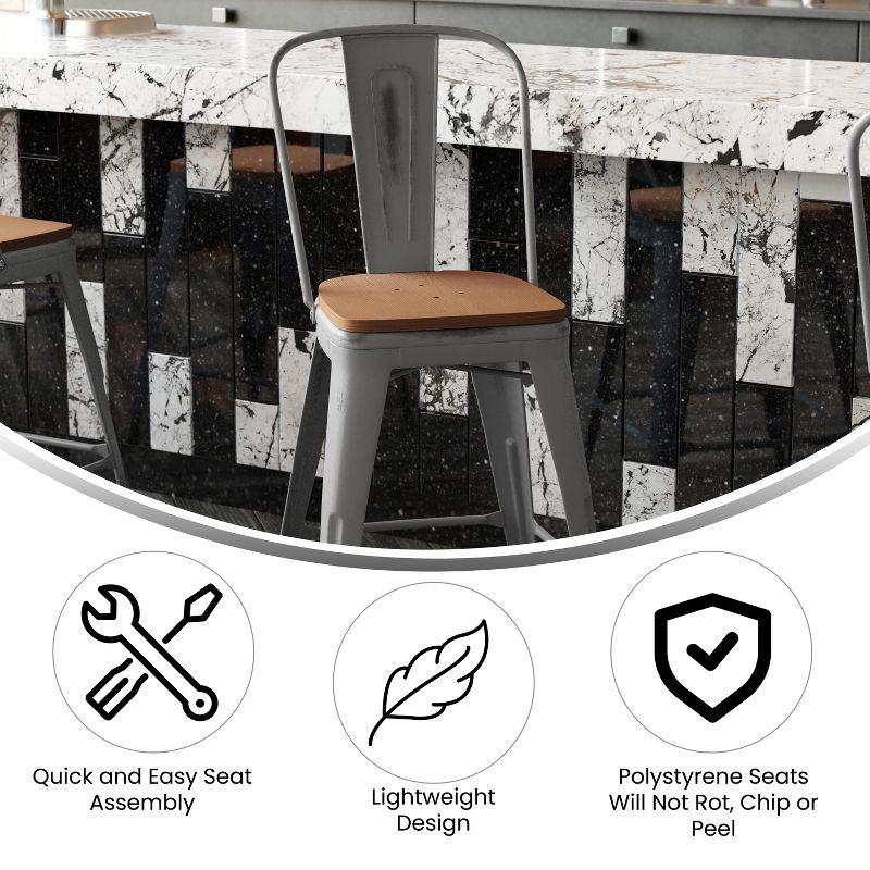 Flash Furniture Lincoln 24'' High Silver Antique Finish with Clear Coat Indoor Counter Height Stool with Back and Teak Poly Resin Wood Seat