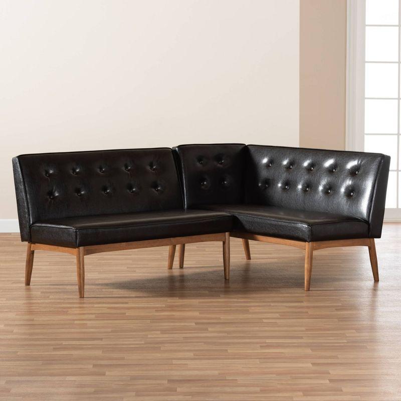 2pc Arvid Faux Leather Upholstered Wood Dining Corner Sofa Bench Dark Brown/Walnut - Baxton Studio: Kitchen Banquette Seating