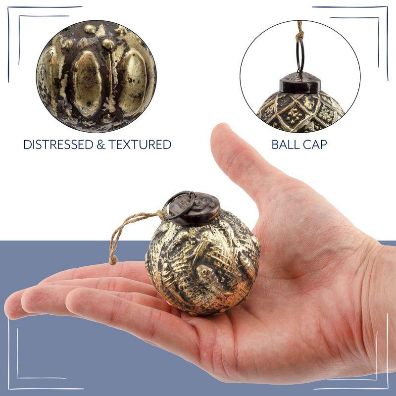 AuldHome 2" Farmhouse Ball Ornaments, Set of 6; Distressed Metal Tin Glass Ball Vintage Style Christmas Decorations