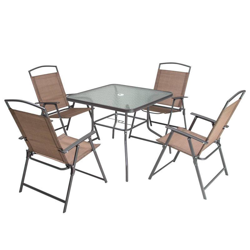 5pc Outdoor Steel Dining Set with Folding Chairs & Square Glass Table Top Brown - Crestlive Products: Weather-Resistant Mesh Patio Set