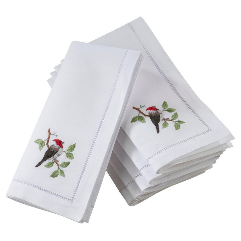 White Cotton Napkins with Woodpecker Embroidery, Set of 6