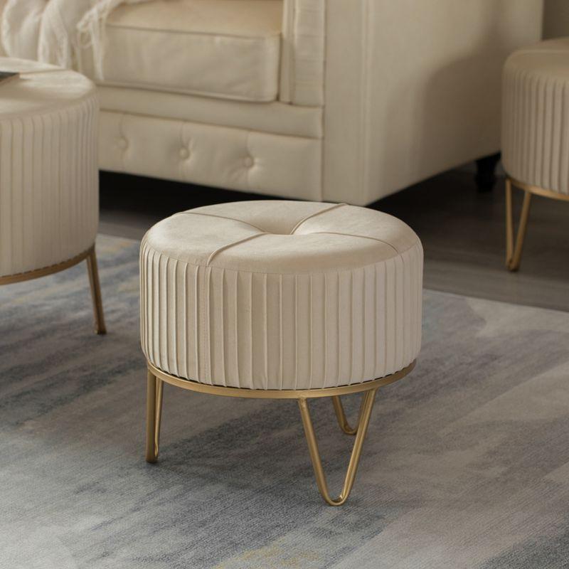 Fabulaxe Round Velvet Ottoman Stool Raised with Hairpin Gold Base, Cream, Small