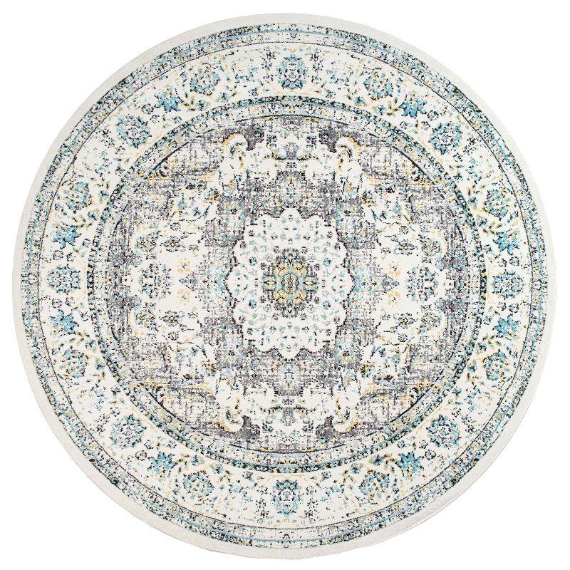 Gray and Blue Round Synthetic Persian Area Rug, 5'