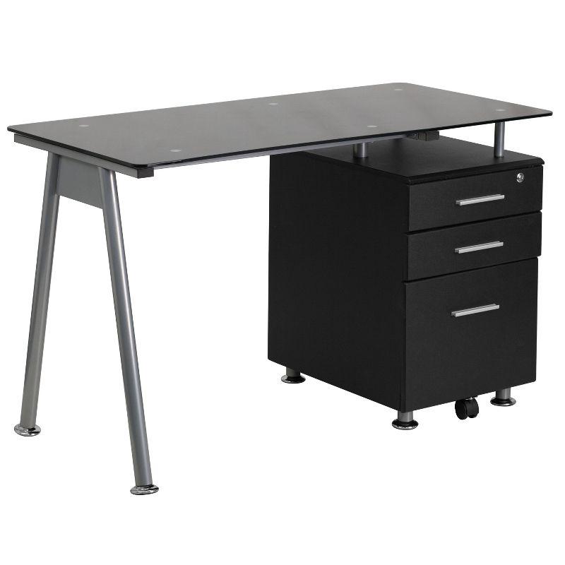 Emma and Oliver Black Glass Computer Desk with Three Drawer Pedestal