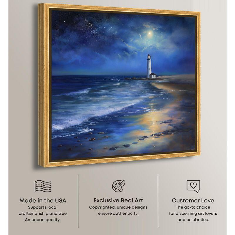 Art Remedy Lighthouse at Night Chic Coastal Wall Art, 12" x 12", Gold Frame