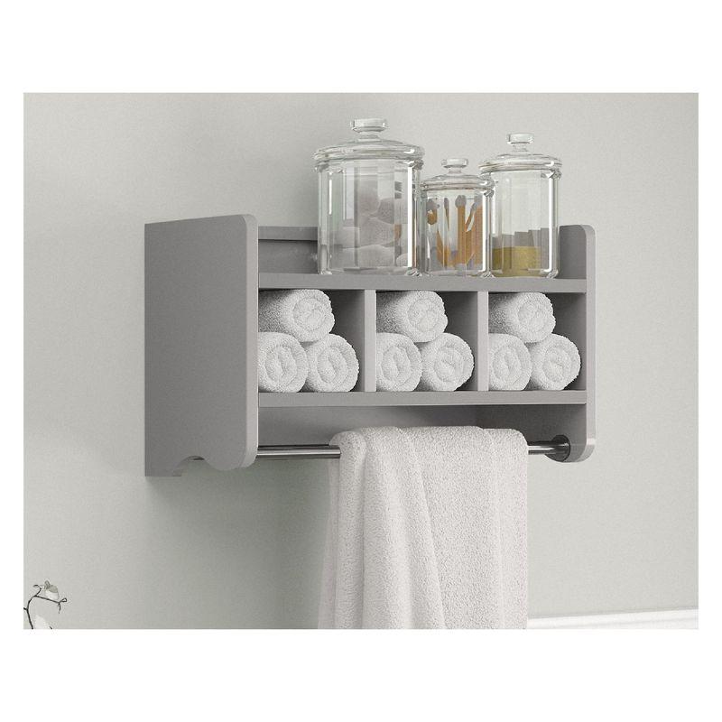 Gray Wood 25" Wall-Mounted Bath Storage Shelf with Dual Towel Rods