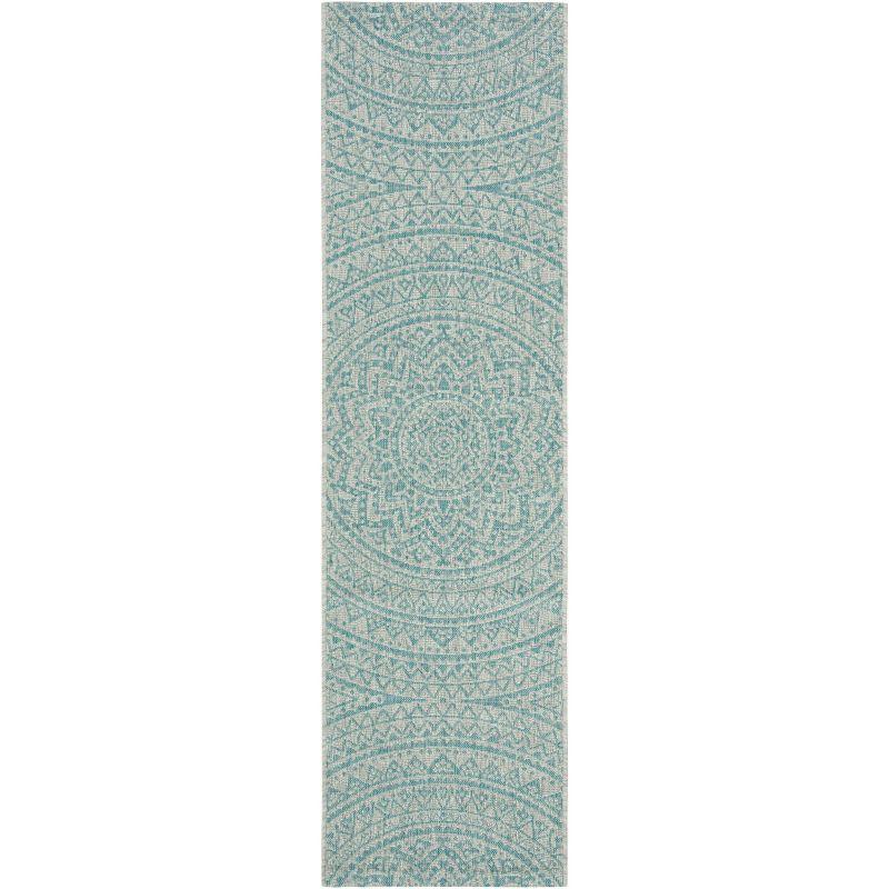 Light Grey/Aqua Synthetic Flat Woven Reversible Outdoor Runner Rug - 2'3" x 8'