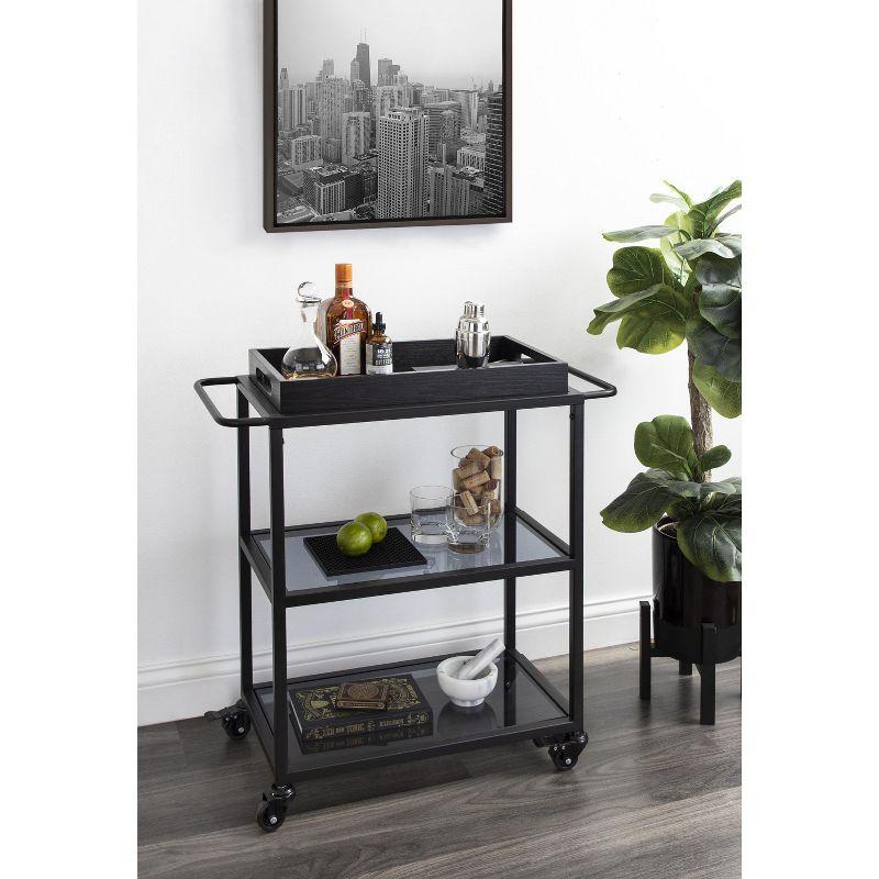 Black Metal Bar Cart with Glass Shelves and Tray