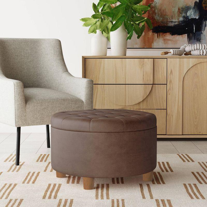 HomePop Tufted Faux Leather Round Storage Ottoman Brown: Upholstered Traditional Decor, Hardwood Frame
