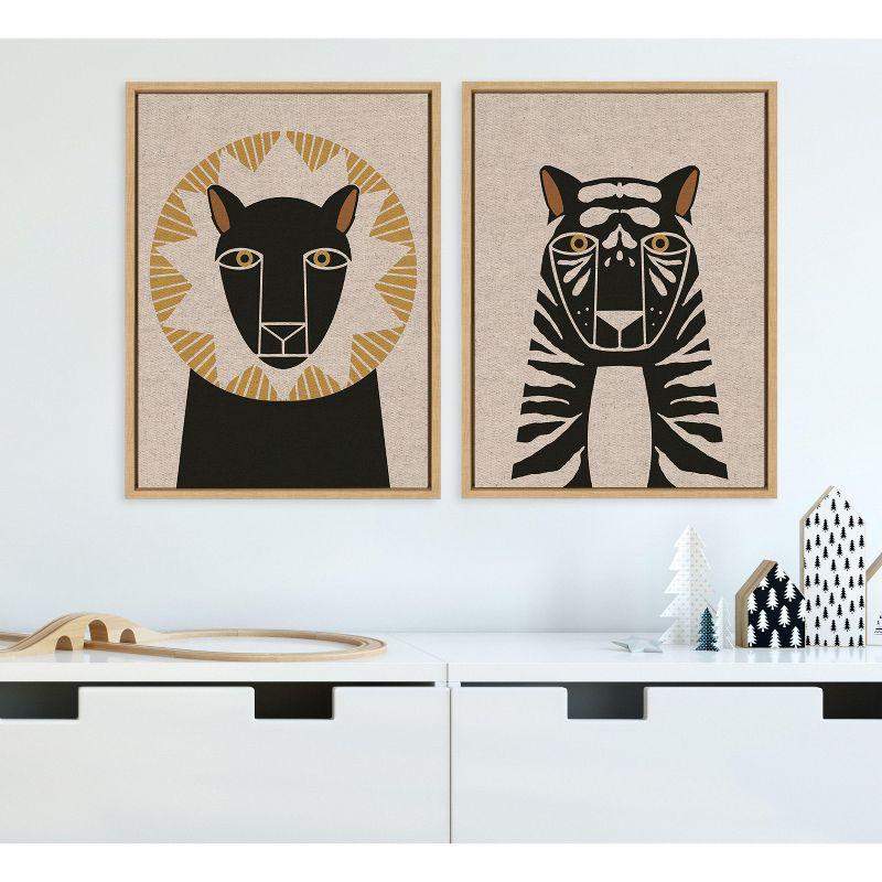 Kate and Laurel Sylvie Lion Profile Neutral Linen and Tiger Profile Neutral Linen Framed Canvas Art Set by Hannah Beisang