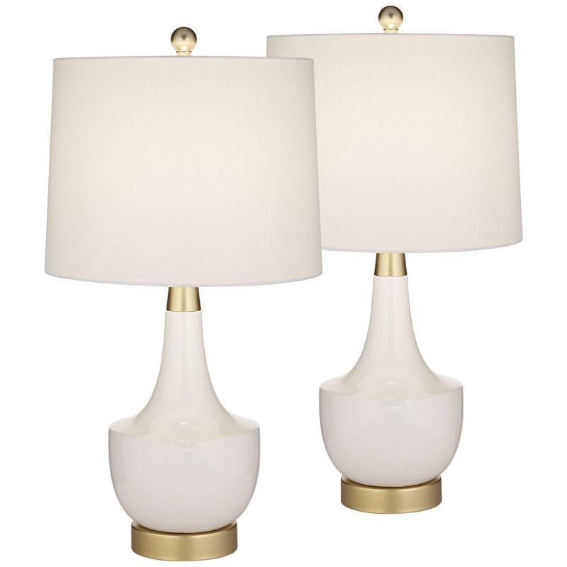 360 Lighting Nesbit 25" High Mid Century Modern Table Lamps Set of 2 USB Port White Gold Ceramic Metal Living Room Charging Bedroom Bedside Nightstand