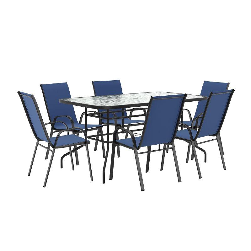 Flash Furniture Brazos 7 Piece Outdoor Patio Dining Set - 55" Tempered Glass Patio Table with Umbrella Hole, 6 Navy Flex Comfort Stack Chairs