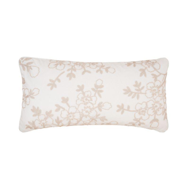 Ella 12" x 24" Beige Floral Embroidered Cotton Throw Pillow