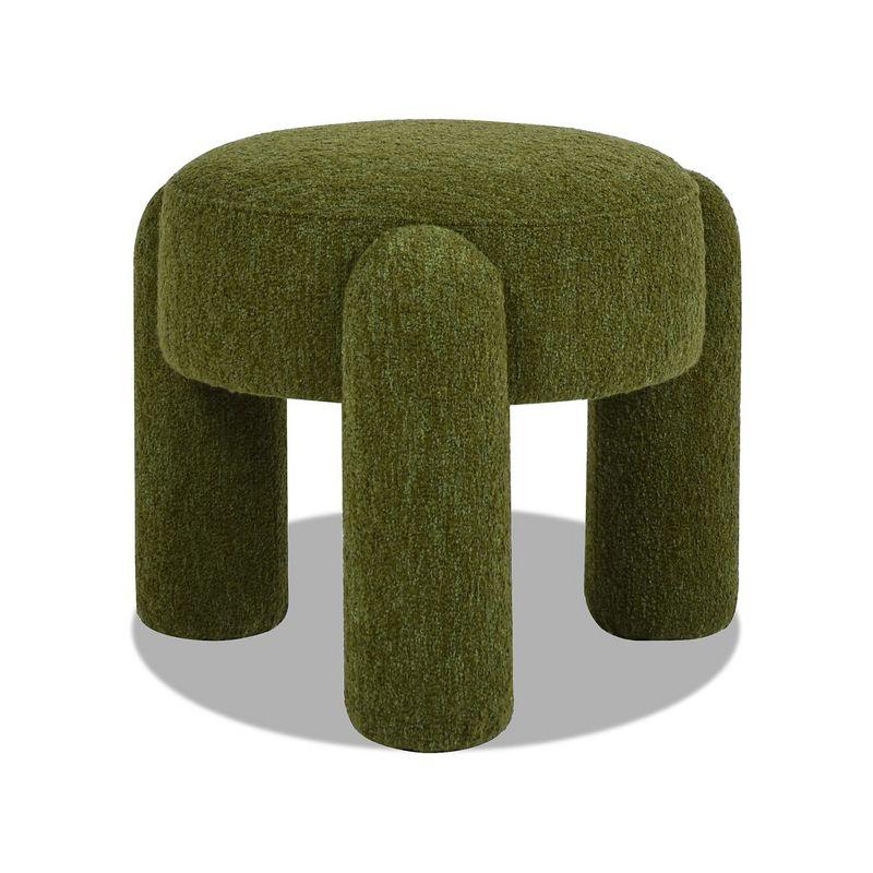 Moss Green Boucle Round Upholstered Ottoman with Eucalyptus Legs