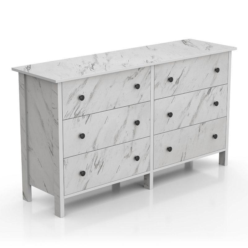 Fichte Transitional 6 Drawer Faux Marble Dresser White Marble - miBasics: Bedroom Storage, Elegant Design