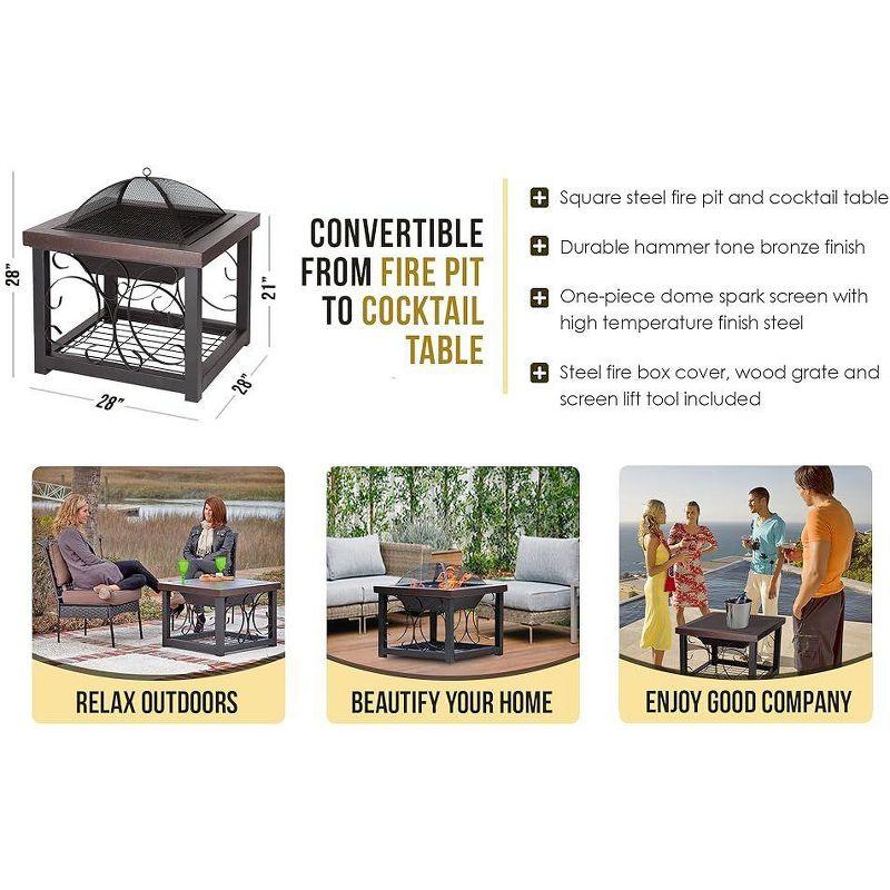 Fire Sense Fire Pit Cocktail Square Table Wood Burning Mesh Spark Screen Wood Grate with Storage Rack – Hammered Bronze Finish