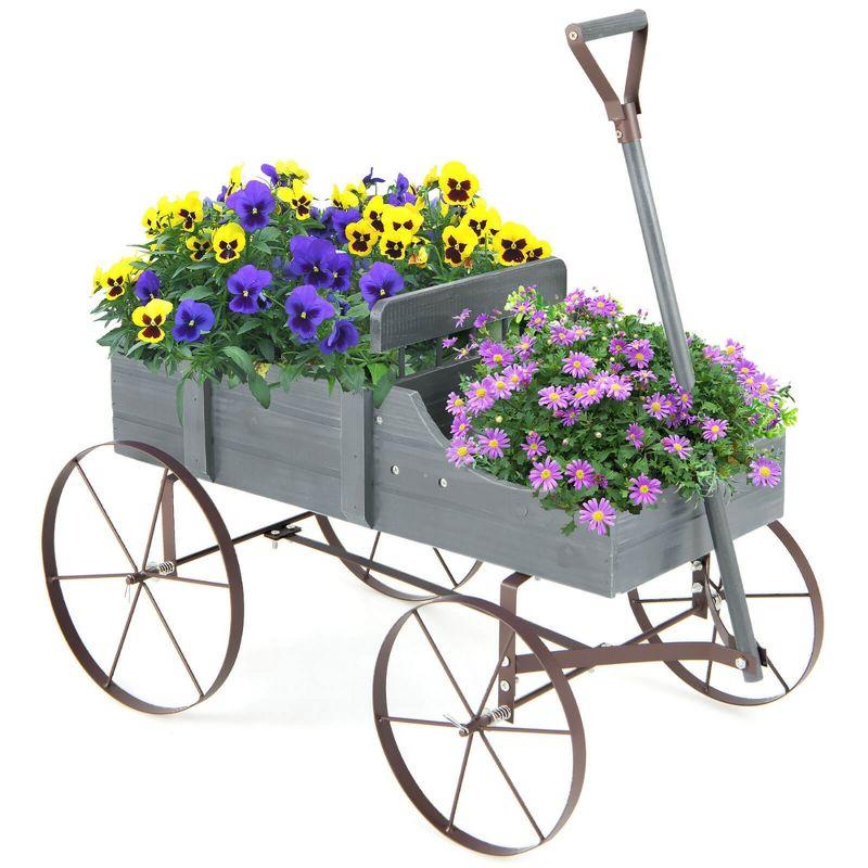 Wooden Wagon Plant Bed With Metal Wheels For Garden Yard Patio