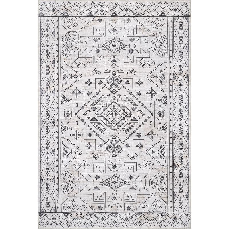 Light Gray Geometric Machine Washable Synthetic Area Rug, 5' x 8'