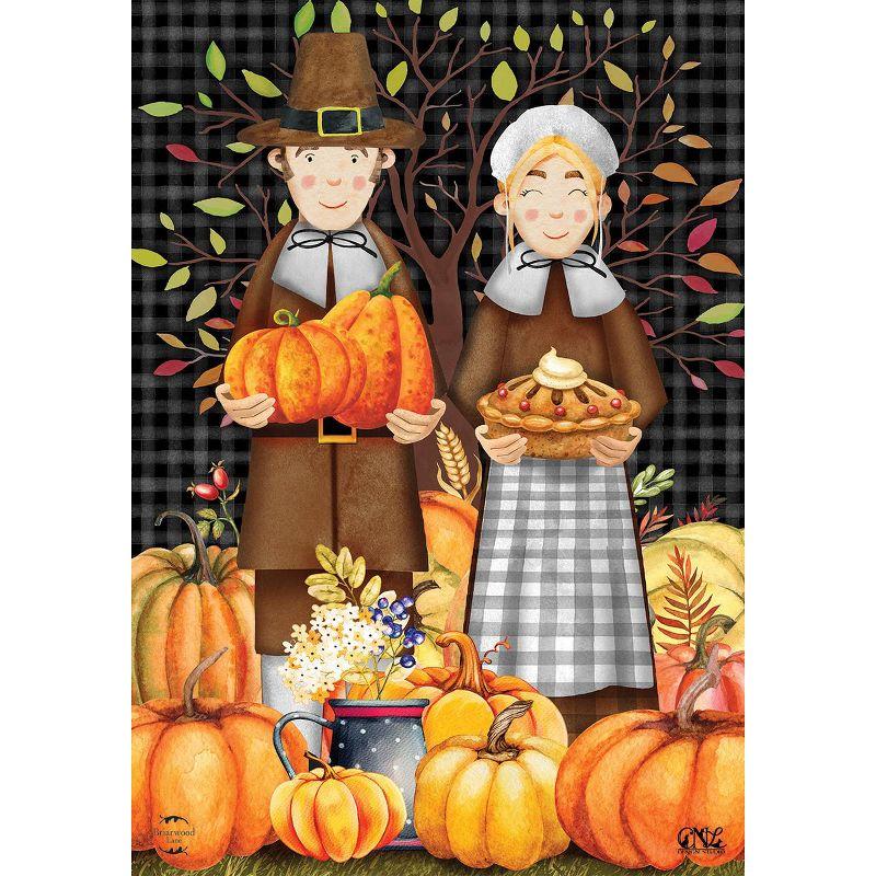 Pilgrims Thanksgiving Garden Flag with Pumpkins and Pie