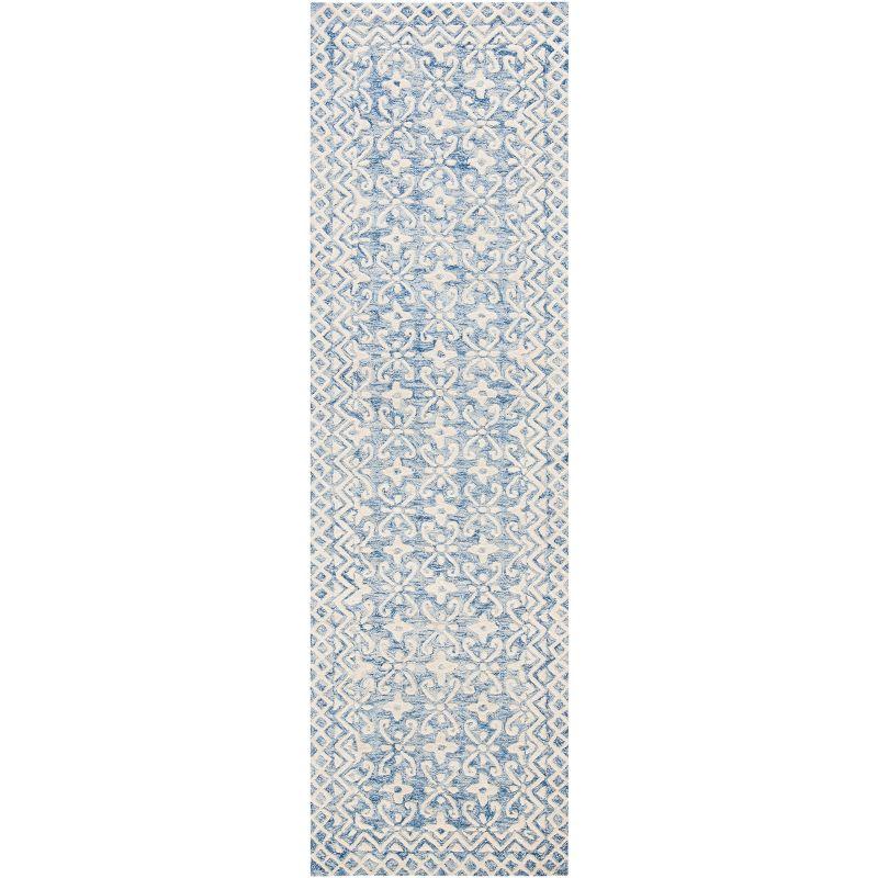 Hand-Tufted Blue Ivory Floral Wool Runner Rug 27" x 84"