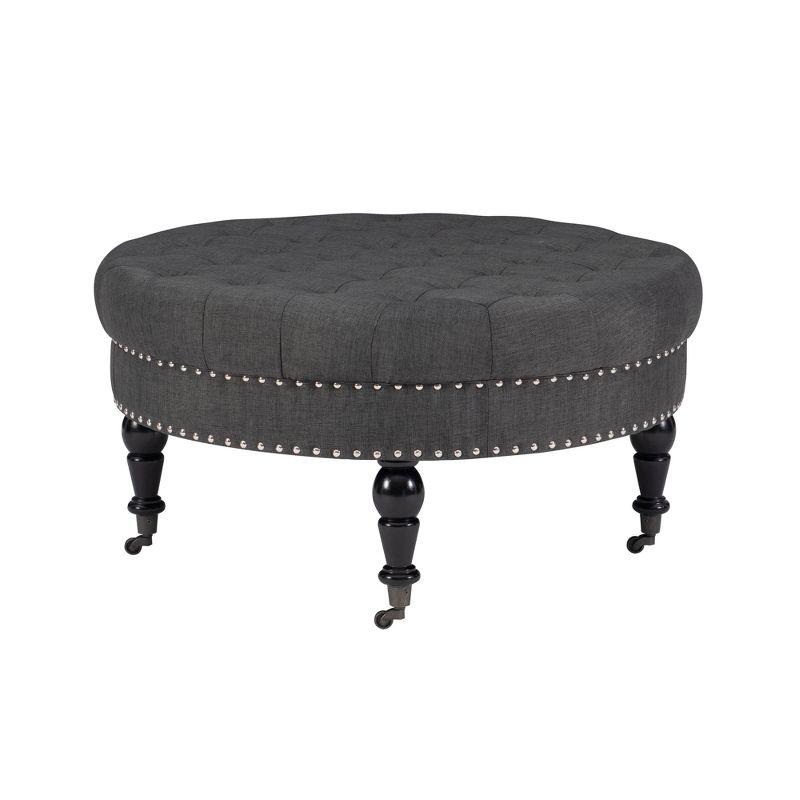 34.6" Isabelle Traditional Round Tufted Upholstered Wheeled Cocktail Ottoman Gray - Linon: Charcoal Linen, Silver Nailhead, Black Legs