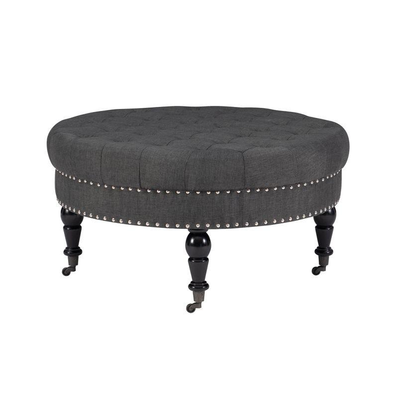 Charcoal Linen Tufted Round Ottoman with Nailhead Trim