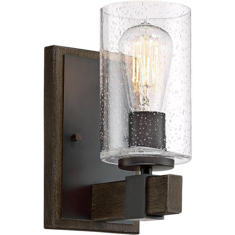 Bronze and Wood Grain Industrial Wall Sconce with Seedy Glass Shade