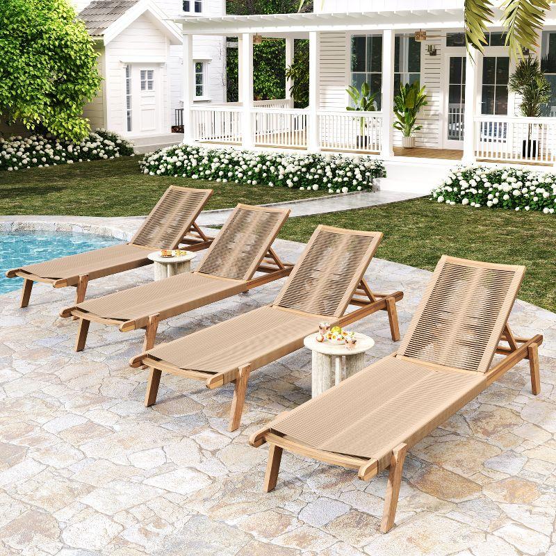 Christopher Knight Home Addison Rustic Outdoor Acacia Wood Chaise Lounge with Rope Seating (Set of 4), Teak/Beige