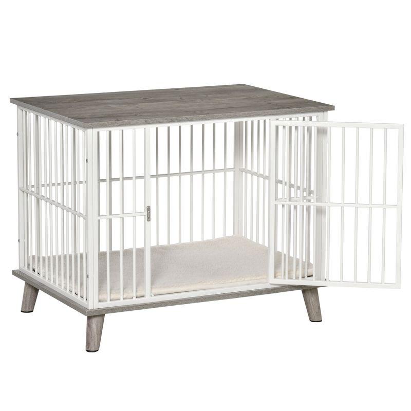 PawHut Dog Crate Furniture, Wooden End Table with Cushion & Lockable Door, Medium Size Pet Crate Indoor Puppy Cage, gray