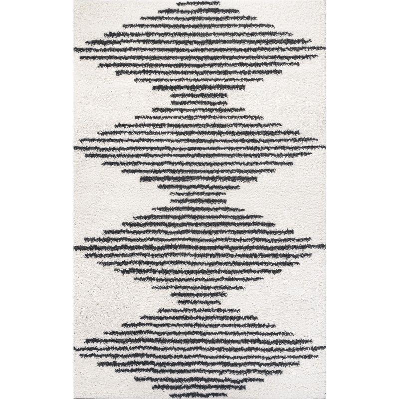 Moroccan-Inspired Mid-Century Black and Ivory Stripe Shag Rug 4' x 6'