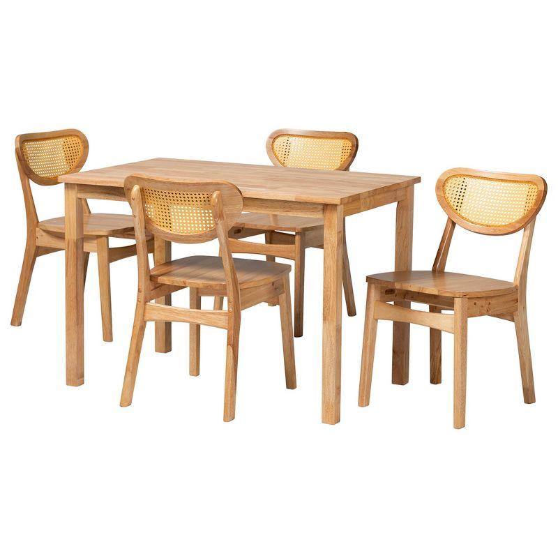 Baxton Studio Haviland Mid-Century Modern Oak Brown Finished Wood and Rattan 5-Piece Dining Set