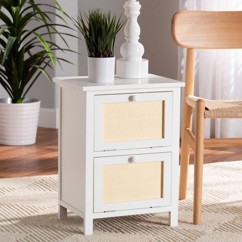 Sariah Wood Rattan 2 Door Nightstand White - Baxton Studio: Bohemian Style, Bedside Storage, No Assembly Required