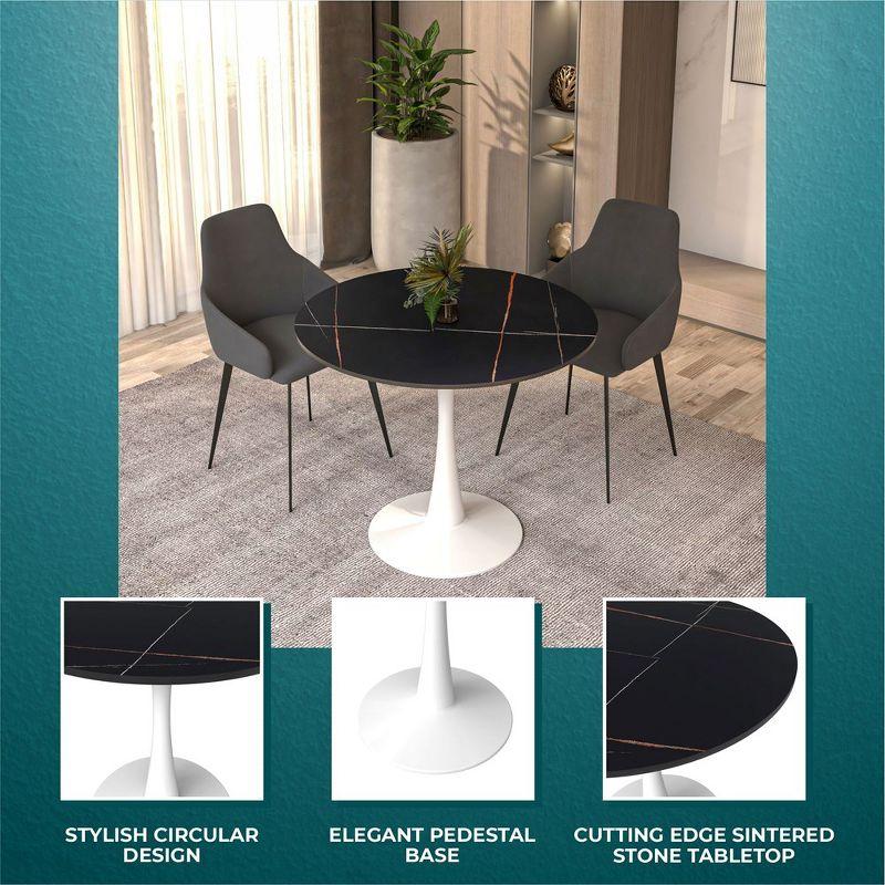 LeisureMod Round Dining Table Modern 35" Sintered Stone Tabletop with White Steel Pedestal Base Bristol Series