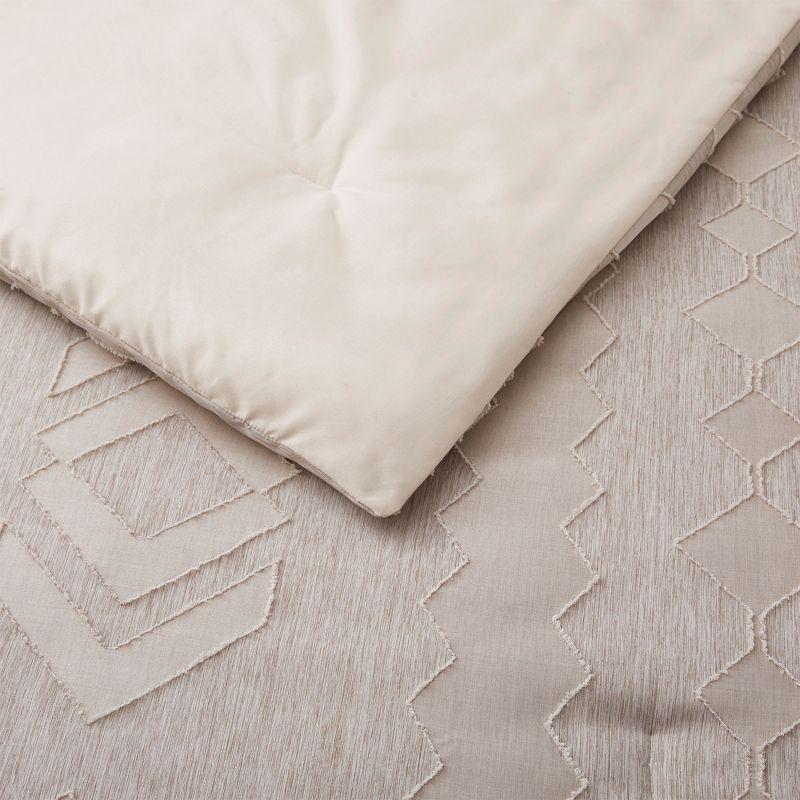 Peace Nest 3 Piece Tufted Embroidery Comforter Set Soft Clipped Microfiber Year-Round Warmth Geometric Design, Khaki, Full/Queen
