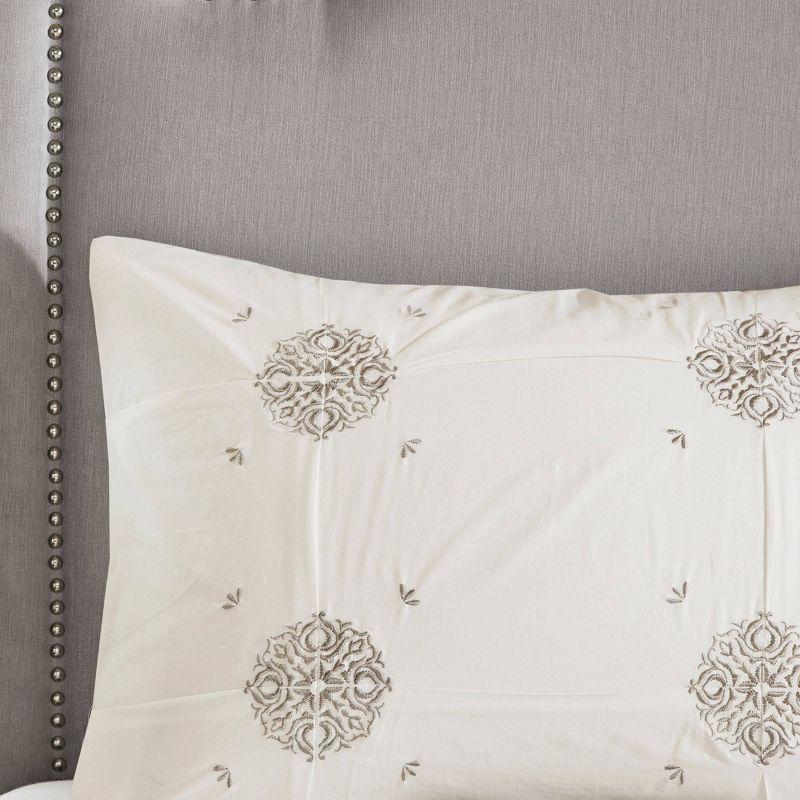 Ivory and Gray Embroidered Cotton Duvet Cover Set, Full/Queen