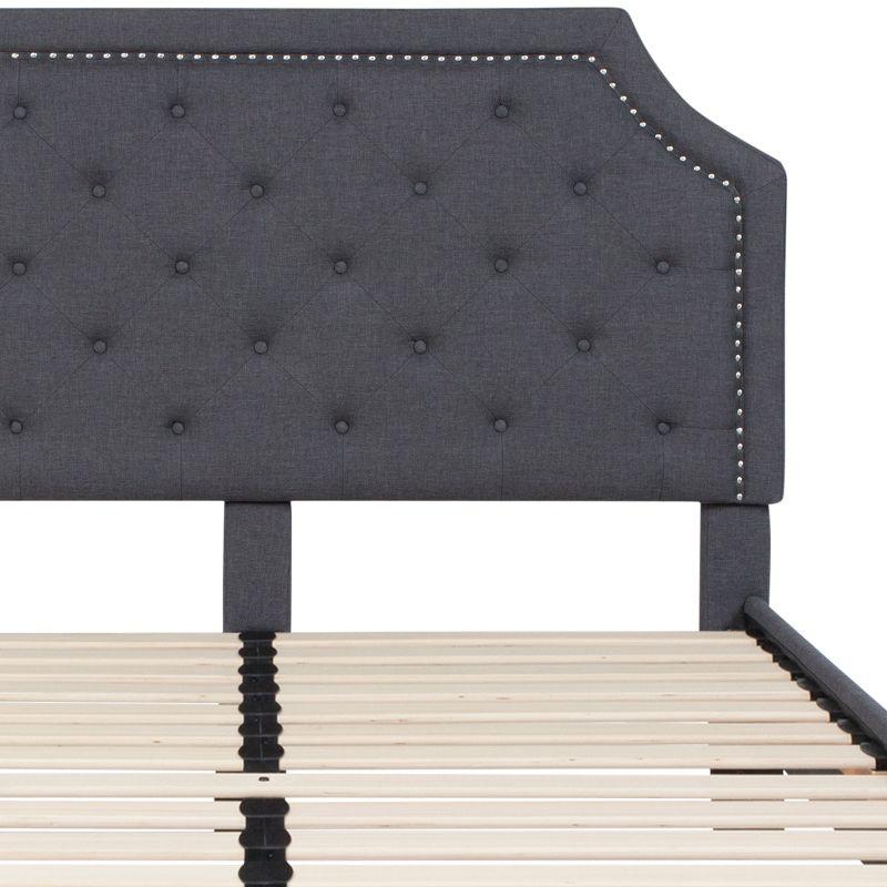 Provence Dark Gray Queen Platform Bed with Tufted Headboard and Gold Nail Trim