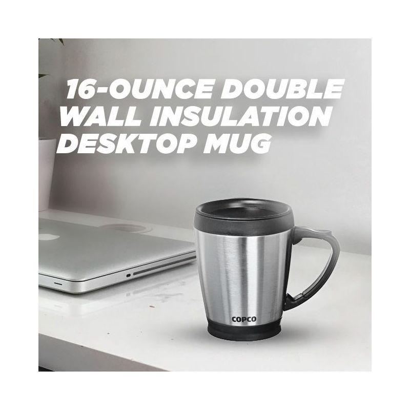 Copco Desktop 16 Ounce Stainless Steel Coffee Mug With Easy Grip Handle - Silver w/ Black Lid & Base 2510-7313