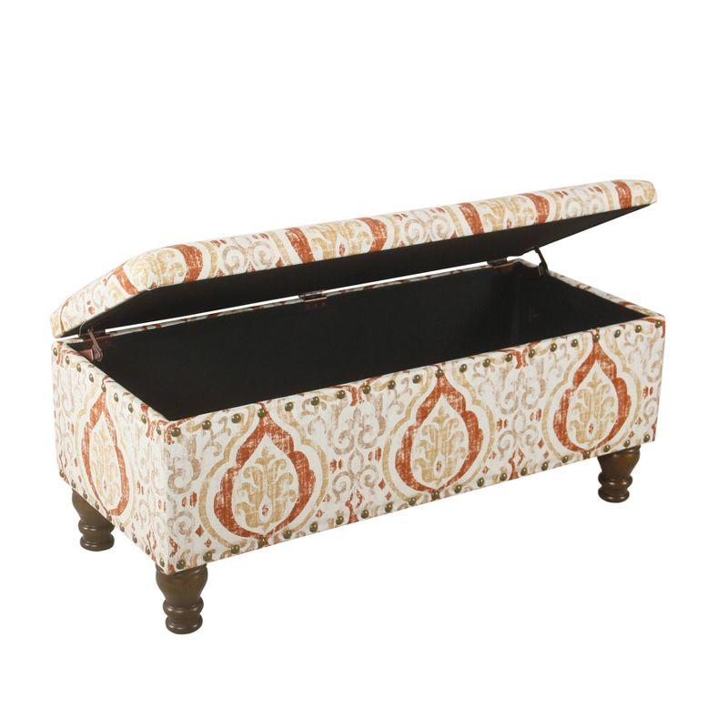 Large Storage Bench with Nailhead Orange/Cream Medallion - HomePop: Upholstered Rectangular Ottoman for Bedroom