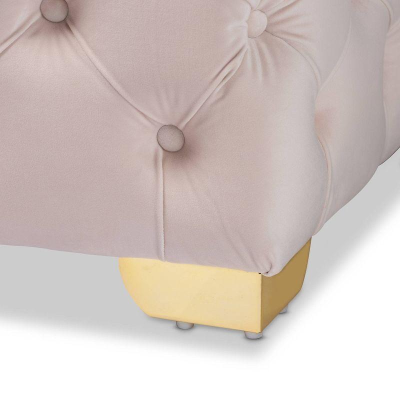 Luxurious Beige Velvet 48" Square Tufted Gold-Legged Ottoman