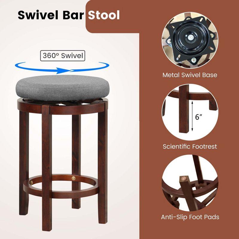 Costway Set of 2 Upholstered Swivel Round Bar Stools 26'' Wooden Pub Kitchen Chairs Gray