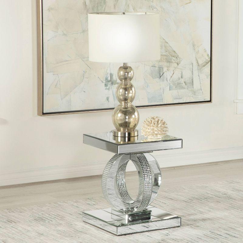 Silver Mirrored Glass Square End Table with Rings Base