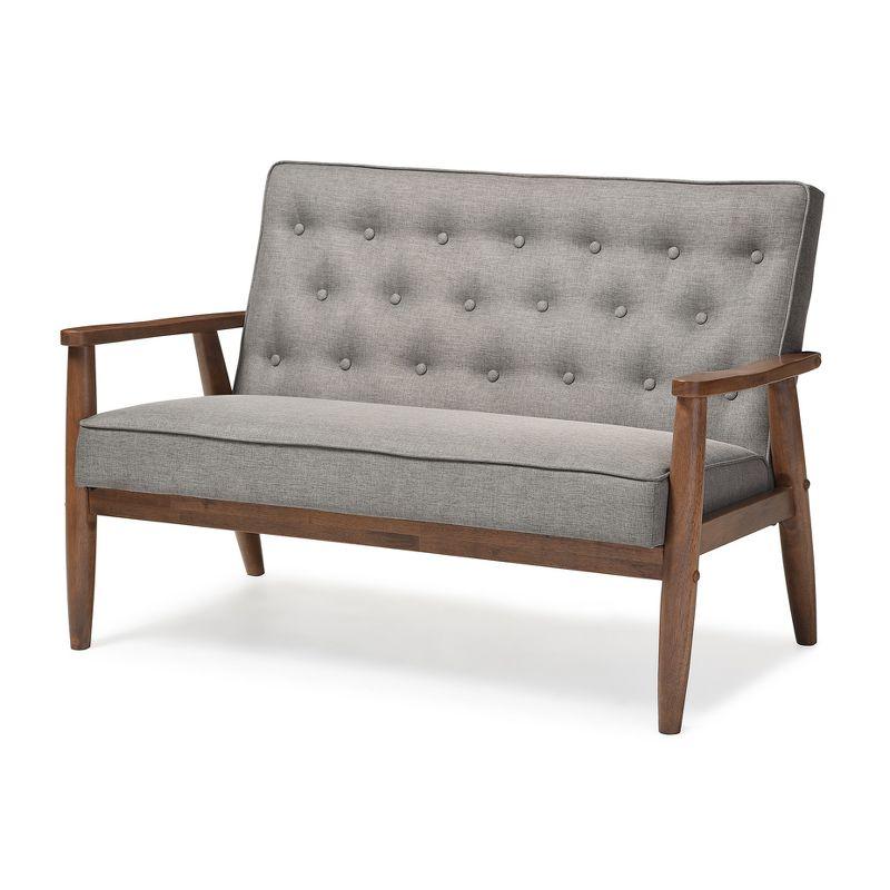 Sorrento Mid-Century Gray Faux Leather Tufted Loveseat with Wooden Legs