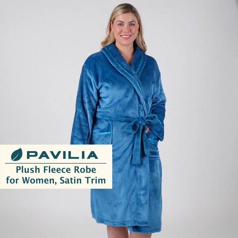 PAVILIA Fleece Robe For Women, Plush Warm Bathrobe, Fluffy Soft Spa Long Lightweight Fuzzy Cozy, Satin Trim