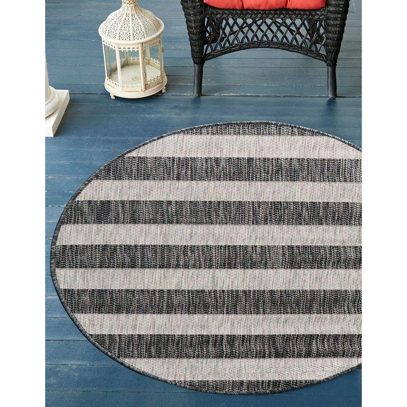 Round Gray and Black Striped Outdoor Rug