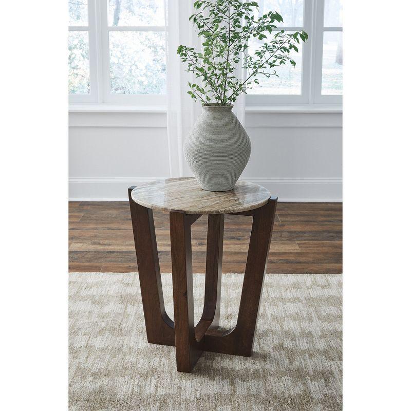 Round Brown Mango Wood and Marble End Table