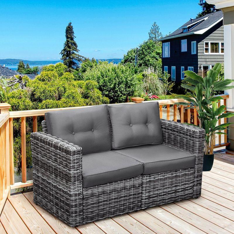 Outsunny 2 Piece Patio Wicker Corner Sofa Set, Outdoor PE Rattan Furniture, with Curved Armrests and Padded Cushions for Balcony, Gray