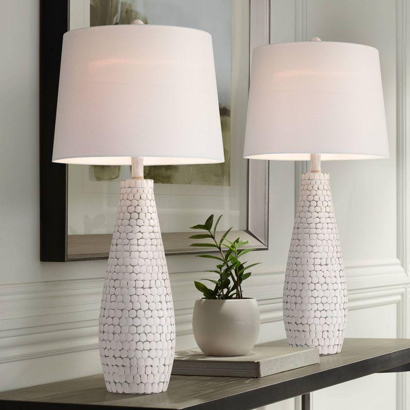 360 Lighting 29 1/2" Tall Modern Coastal End Table Lamps Set of 2 USB Port Whitewash Ceramic White Shade Living Room Charging Bedroom Bedside