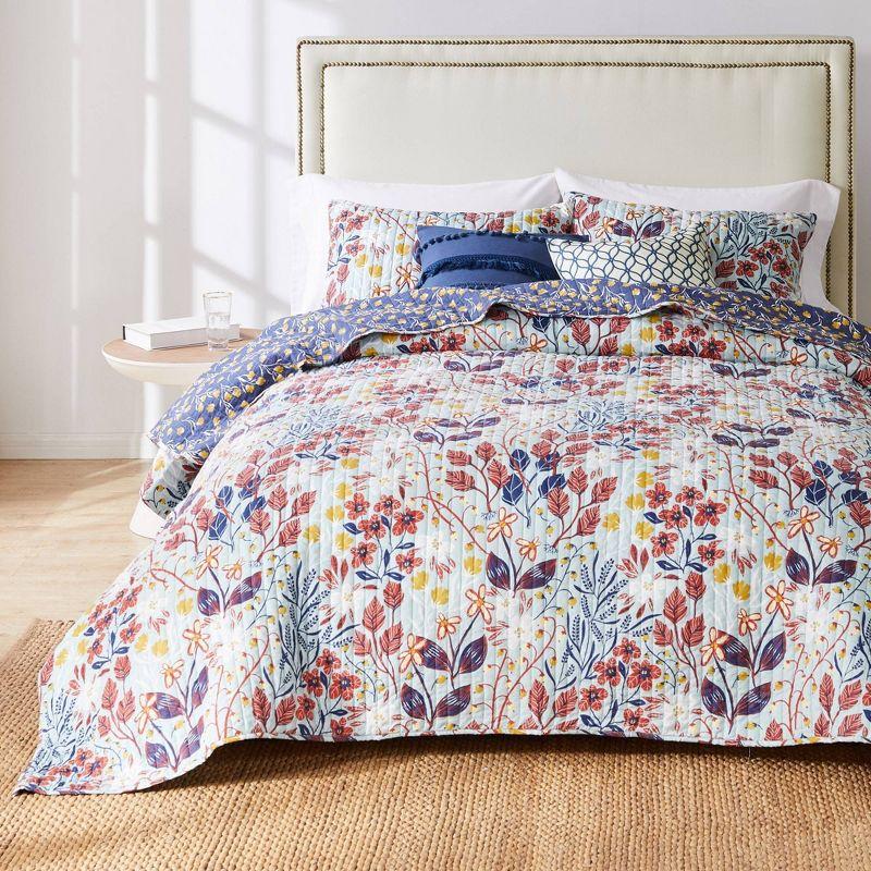 Slate Blue Floral Reversible Microfiber Full Quilt Set