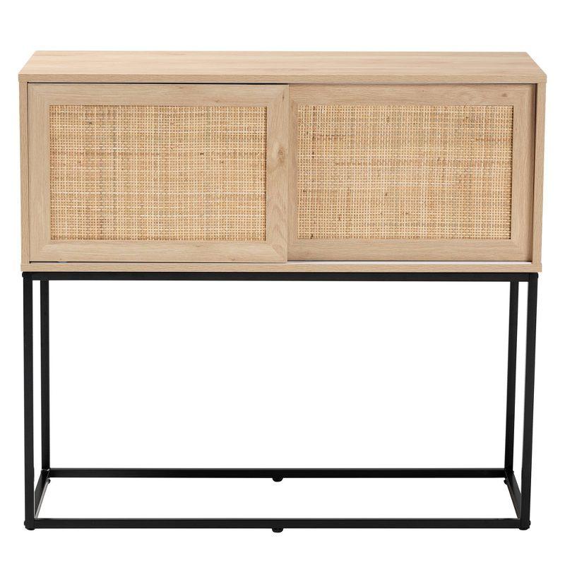 Amelia 42.9" Natural Brown Wood and Black Metal Rattan Sideboard